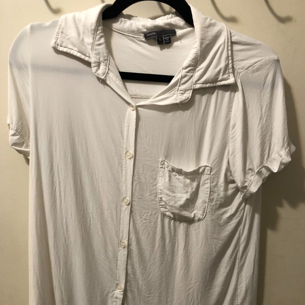 VINCE White Cotton Short Sleeve Button Down